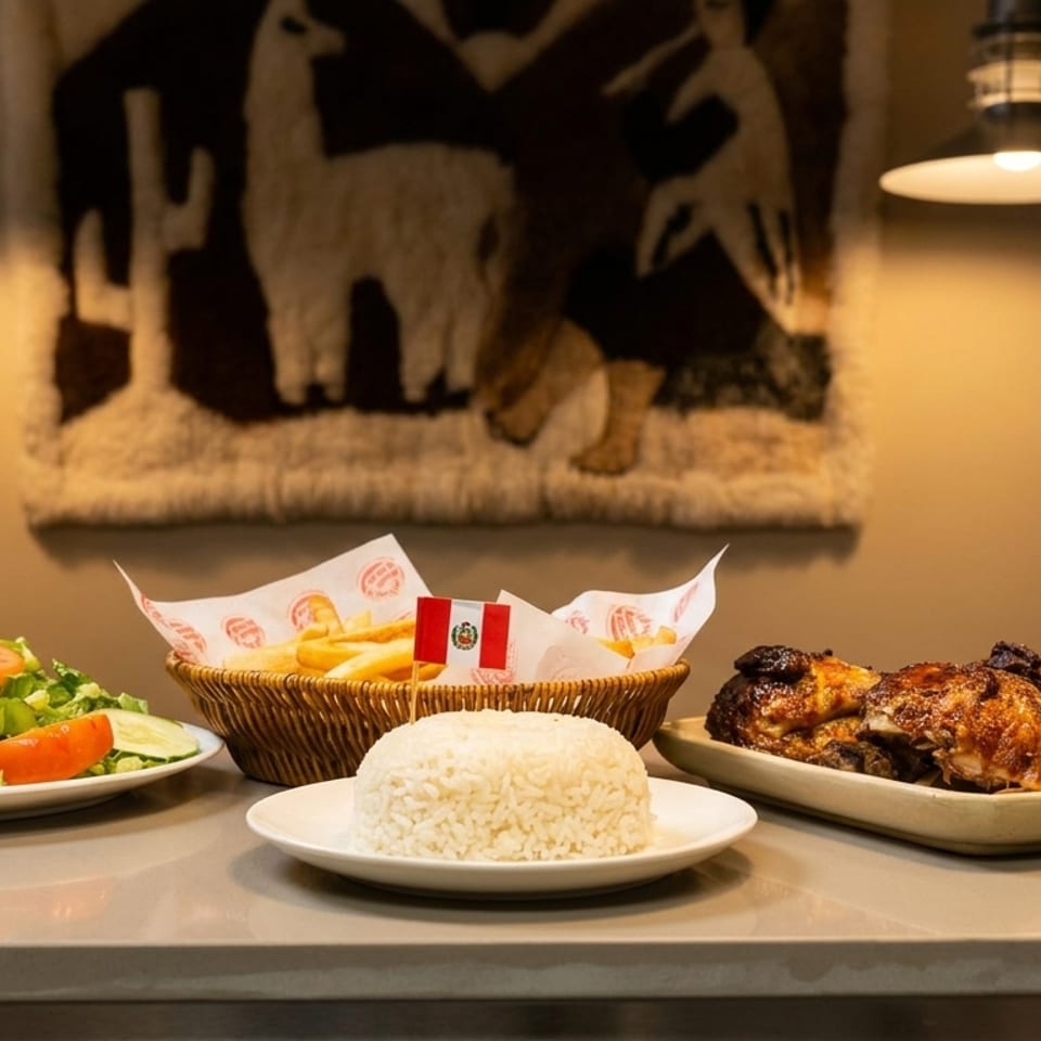 Peruvian rotisserie chicken, fries, rice, and salad on a counter with a tapestry in the background.