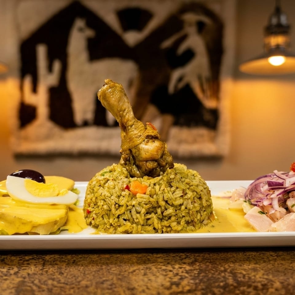 Peruvian dish with chicken leg on rice, potatoes with yellow sauce, and ceviche on a white plate.