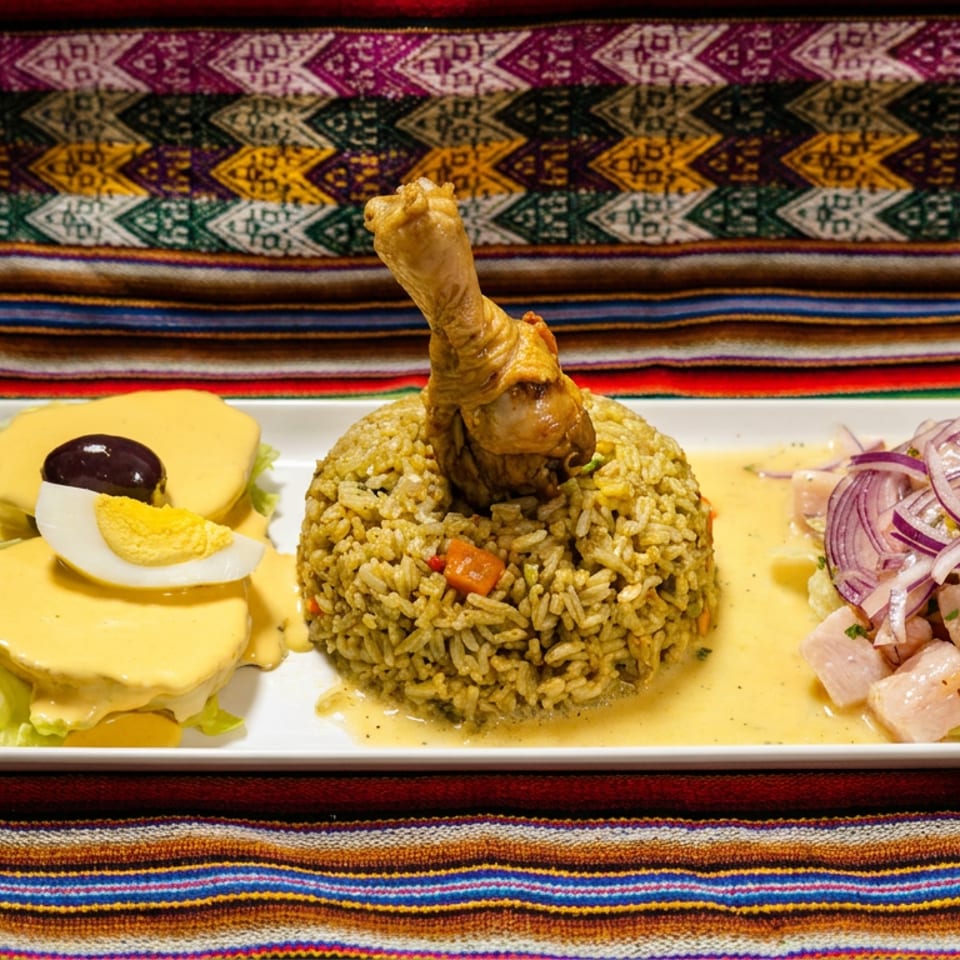 Peruvian dish with chicken and rice, potatoes with yellow sauce, and ceviche on a colorful textile.