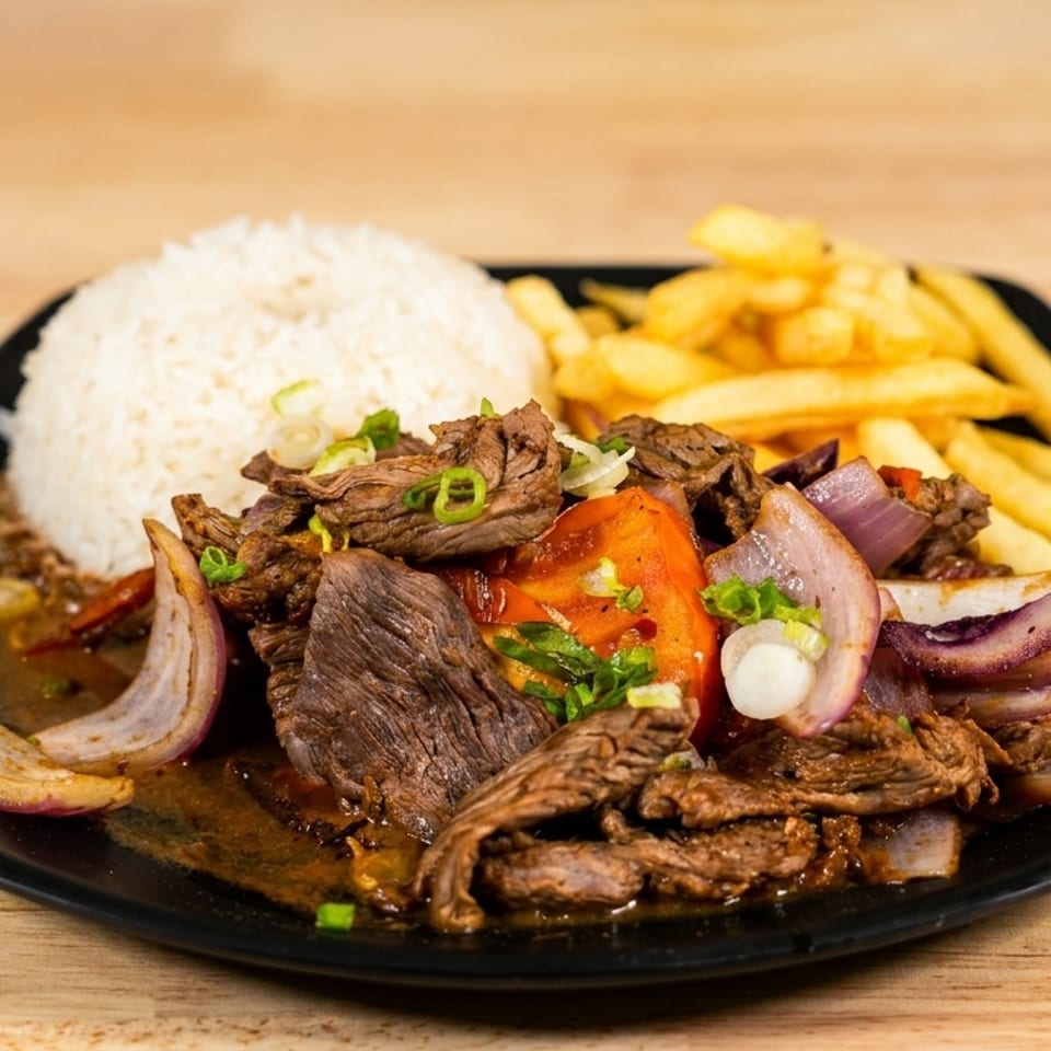Peruvian Lomo Saltado with steak, red onions, tomatoes, rice, and french fries on a black plate.