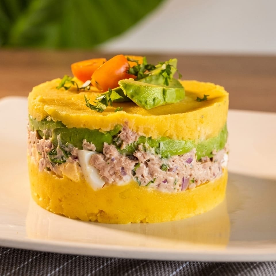 Causa Rellena, a Peruvian dish, with layers of yellow potato, tuna, avocado, and egg.