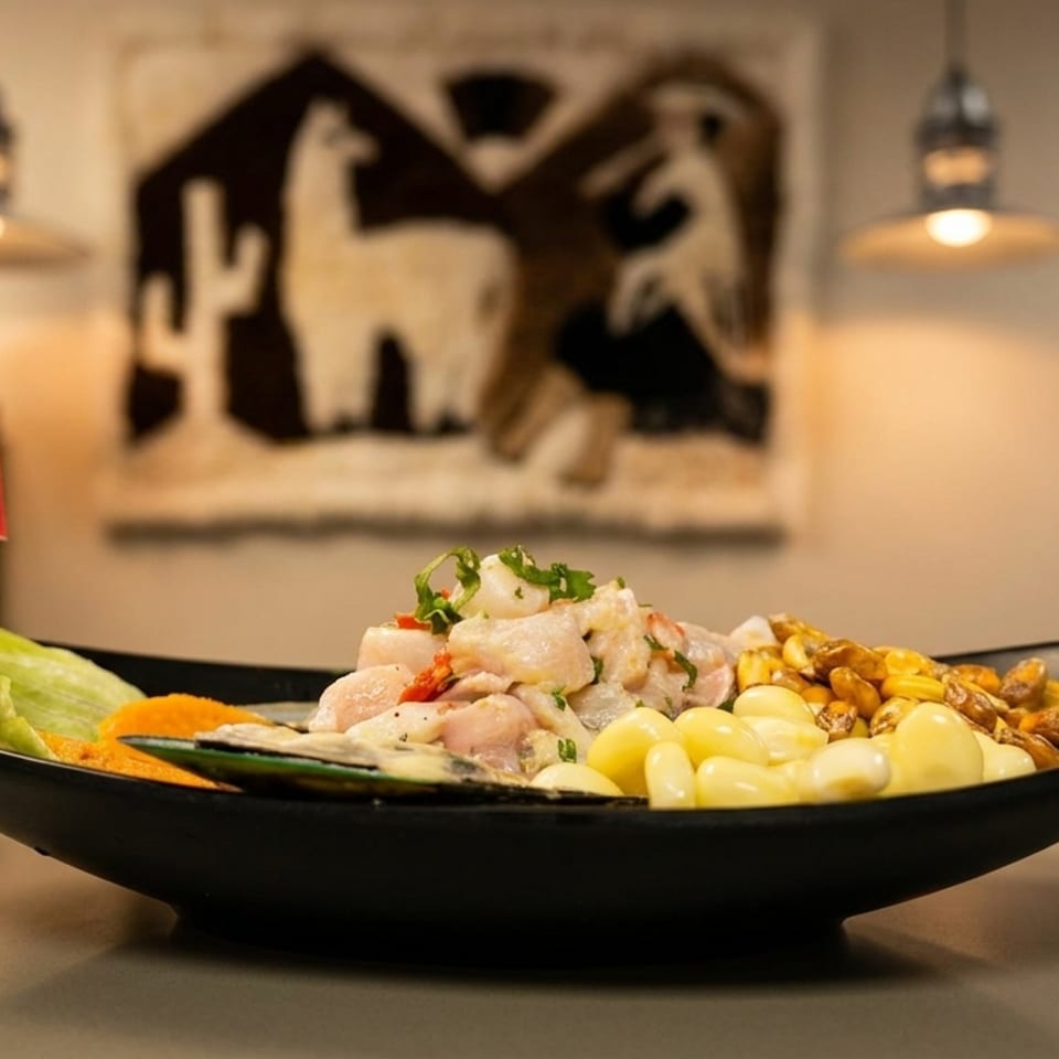 Peruvian ceviche with corn, lettuce, and a small Peruvian flag in a black bowl.