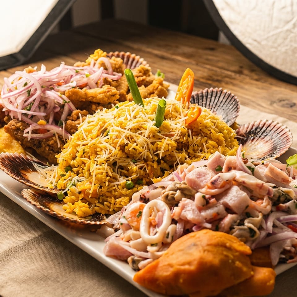 Platter of Peruvian seafood, including fried fish, rice, ceviche, and corn on a wooden table.